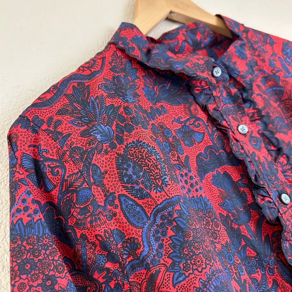 J.Crew Collection Size 16 Shirt Slim Ruffle Scallop Paisley Cotton Red Navy Boho - Picture 8 of 10